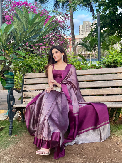 PLUM STRIPED TISSUE SILK SAREE
