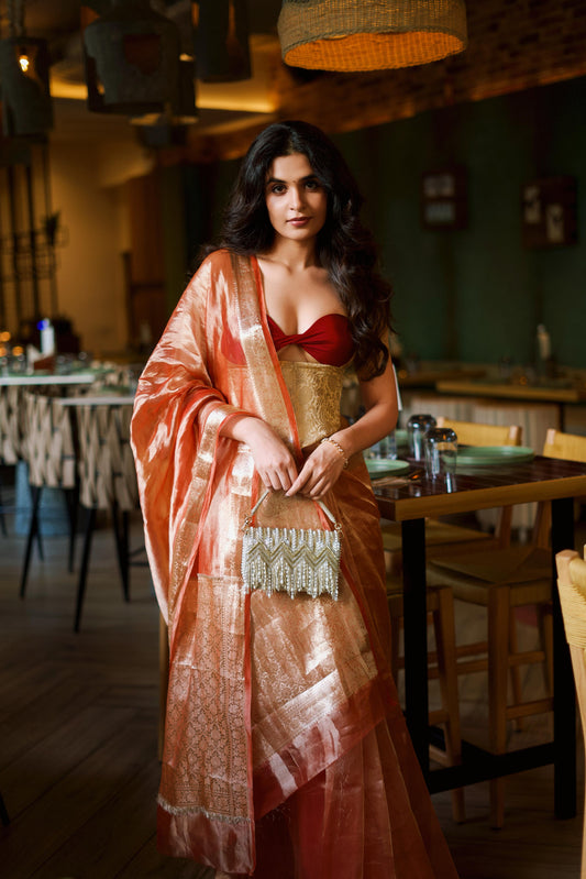 RUST ORANGE GLASS TISSUE SAREE