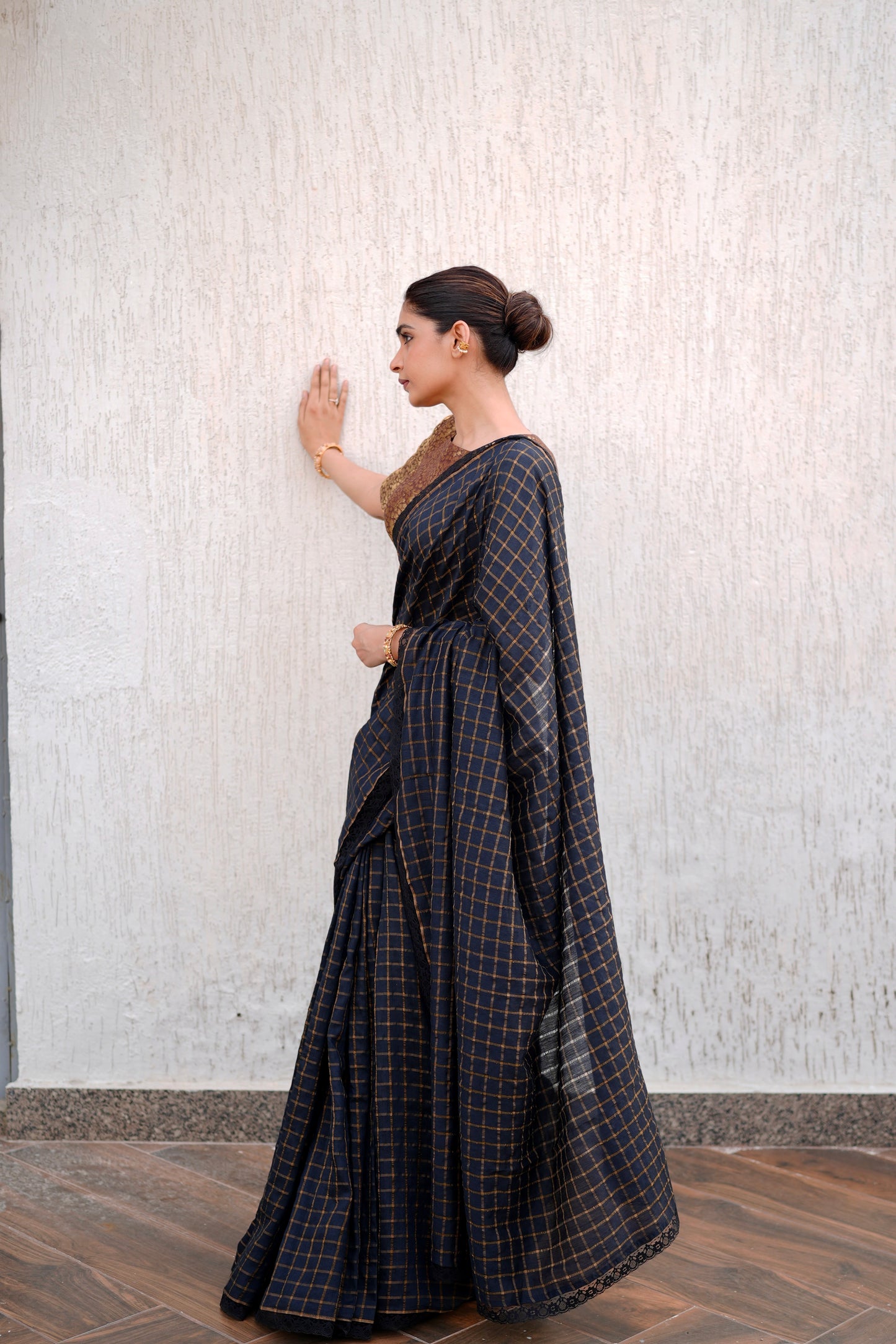 BLACK MOONGA SILK CHECK SAREE