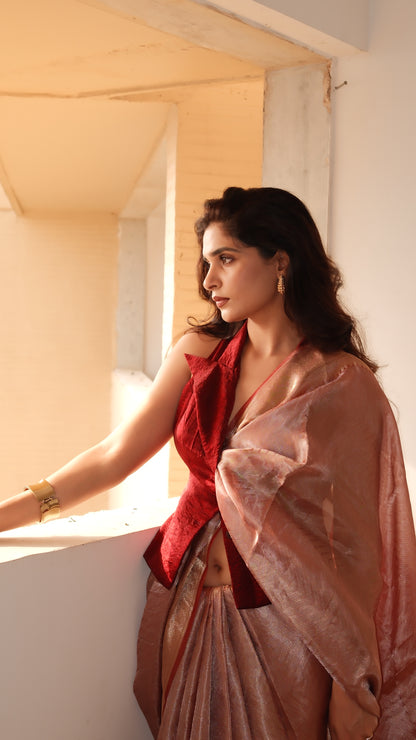 SIGNATURE TISSUE SAREE WITH ZARI BROCADE BORDER & TAILORED WAISTCOAT