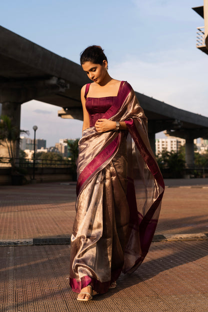 PLUM GLASS TISSUE SAREE
