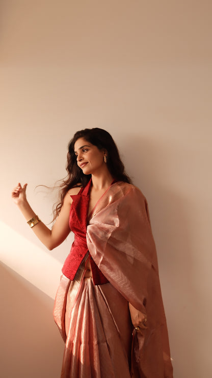 SIGNATURE TISSUE SAREE WITH ZARI BROCADE BORDER & TAILORED WAISTCOAT