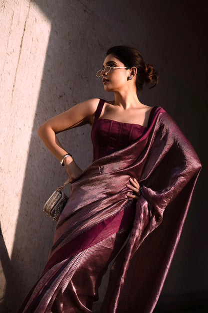 PLUM STRIPED TISSUE SILK SAREE