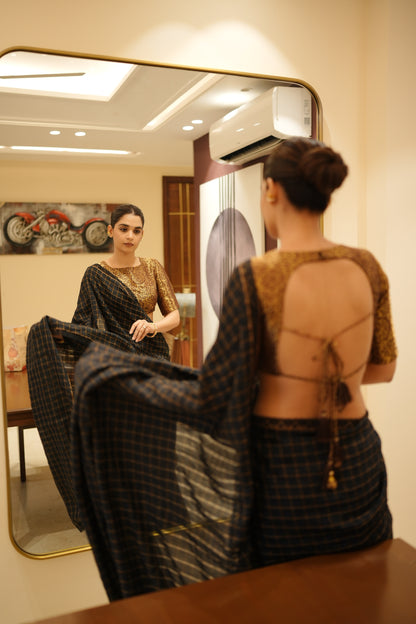 BLACK MOONGA SILK CHECK SAREE