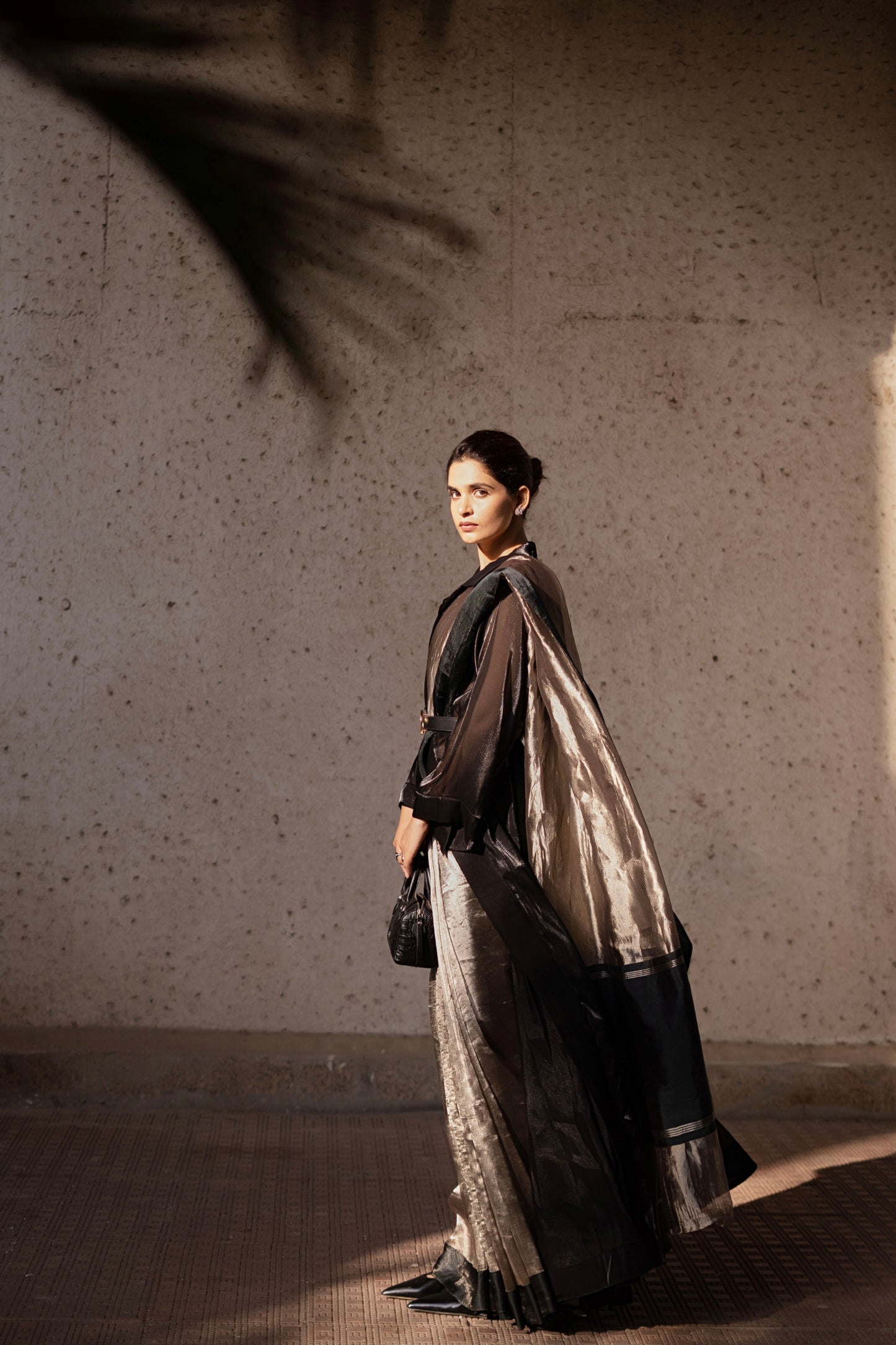 BLACK GLASS TISSUE SILK SAREE WITH SHRUG