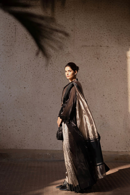 BLACK GLASS TISSUE SILK SAREE WITH SHRUG
