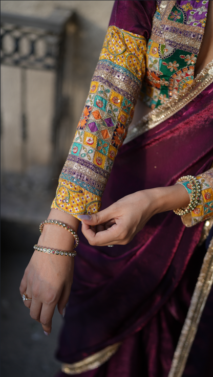 WINE TISSUE SAREE WITH LACE BORDER & MULTICOLOUR BLOUSE