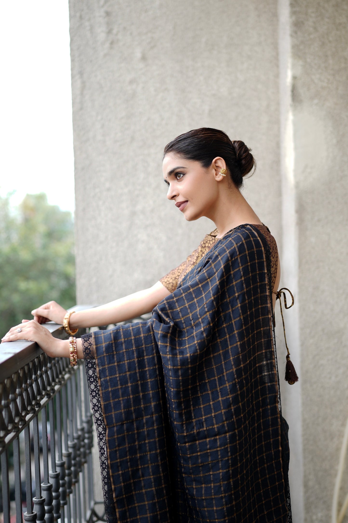 BLACK MOONGA SILK CHECK SAREE