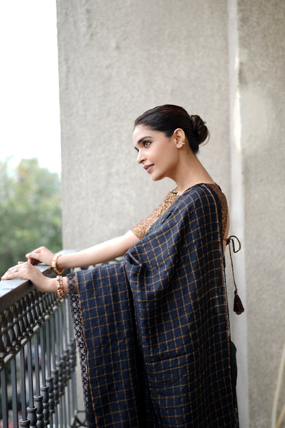 BLACK MOONGA SILK CHECK SAREE