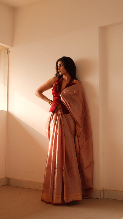 SIGNATURE TISSUE SAREE WITH ZARI BROCADE BORDER & TAILORED WAISTCOAT