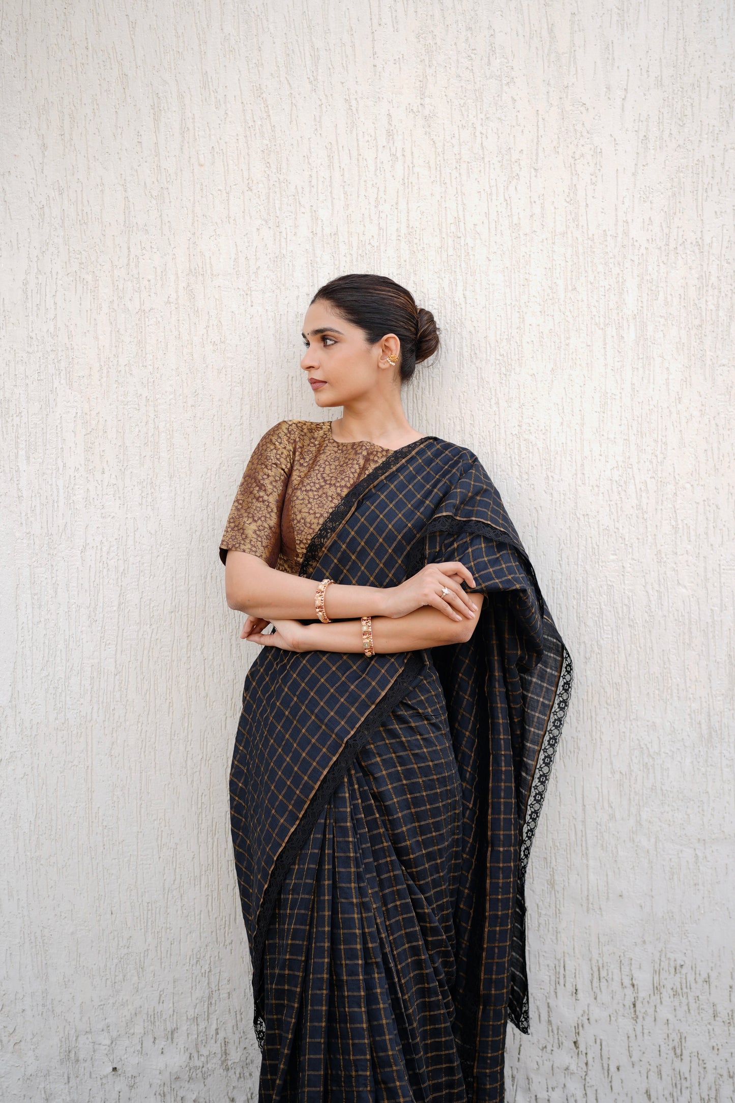 BLACK MOONGA SILK CHECK SAREE