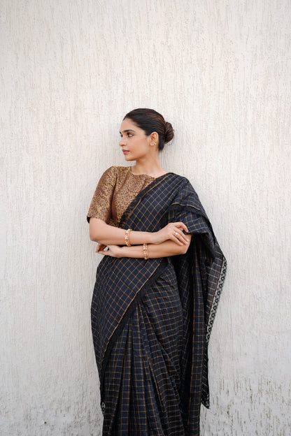 BLACK MOONGA SILK CHECK SAREE