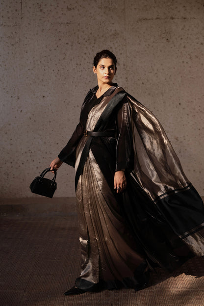 BLACK GLASS TISSUE SILK SAREE WITH SHRUG