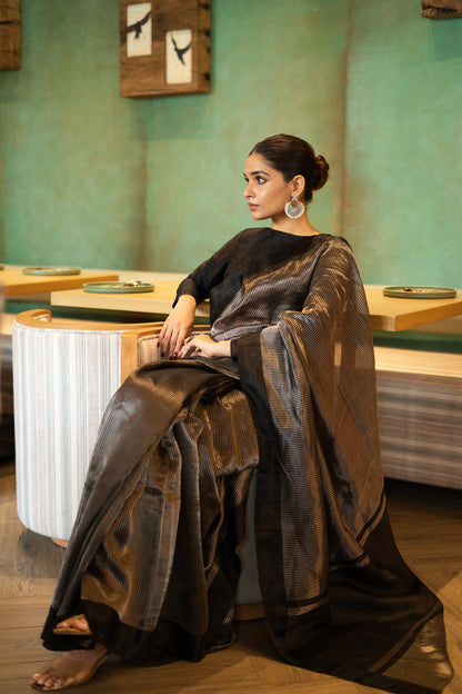 BLACK STRIPPED TISSUE SILK SAREE