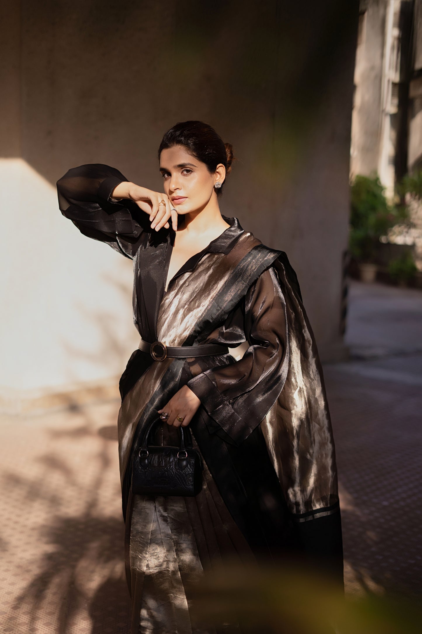 BLACK GLASS TISSUE SILK SAREE WITH SHRUG