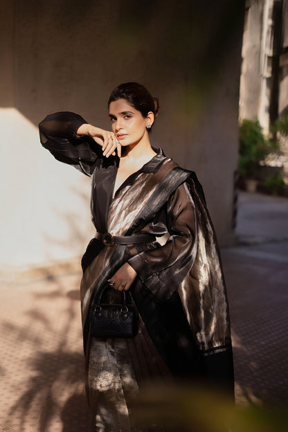 BLACK GLASS TISSUE SILK SAREE WITH SHRUG
