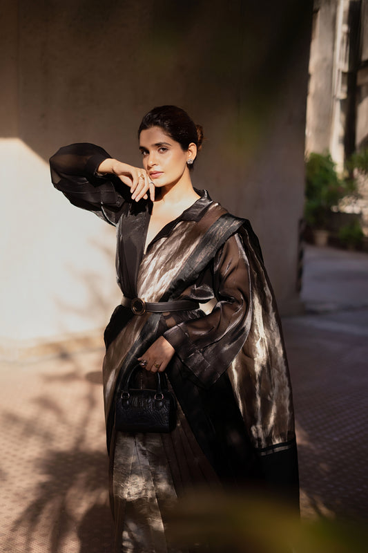 BLACK GLASS TISSUE SILK SAREE WITH SHRUG