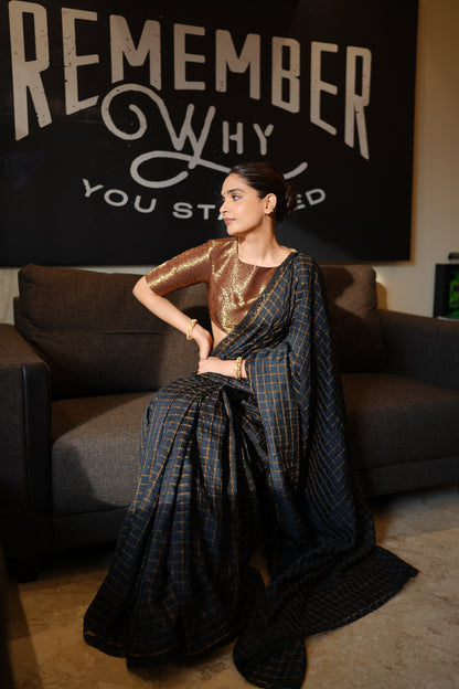 BLACK MOONGA SILK CHECK SAREE