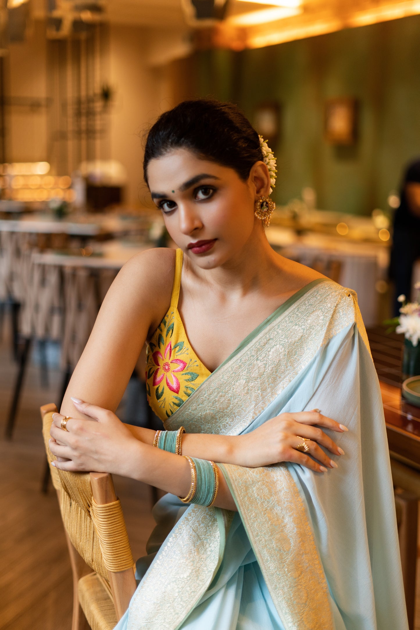 BANARASI KHADDI GEORGETTE SAREE IN AQUA & SAGE