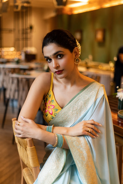 BANARASI KHADDI GEORGETTE SAREE IN AQUA & SAGE