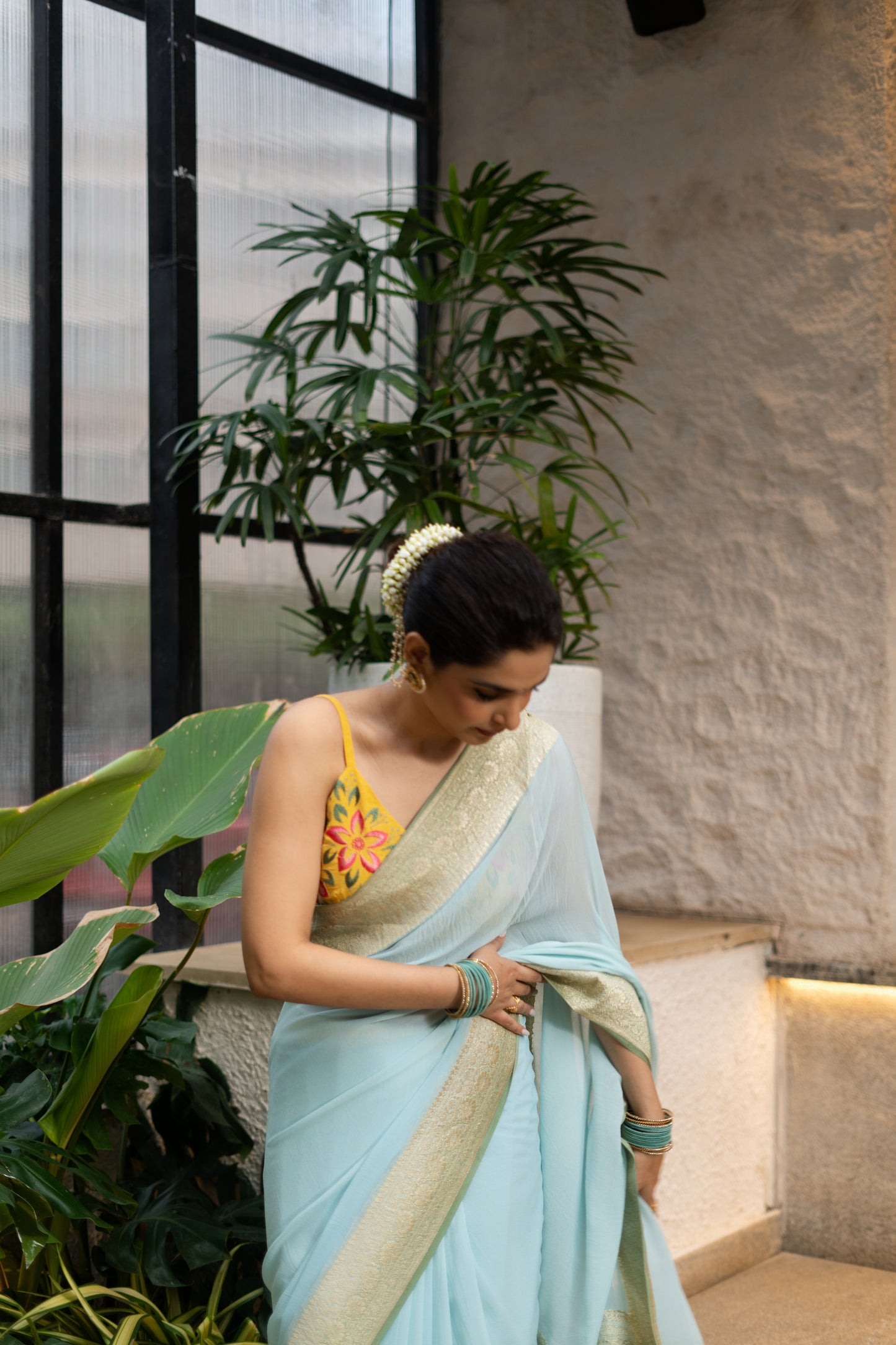 BANARASI KHADDI GEORGETTE SAREE IN AQUA & SAGE