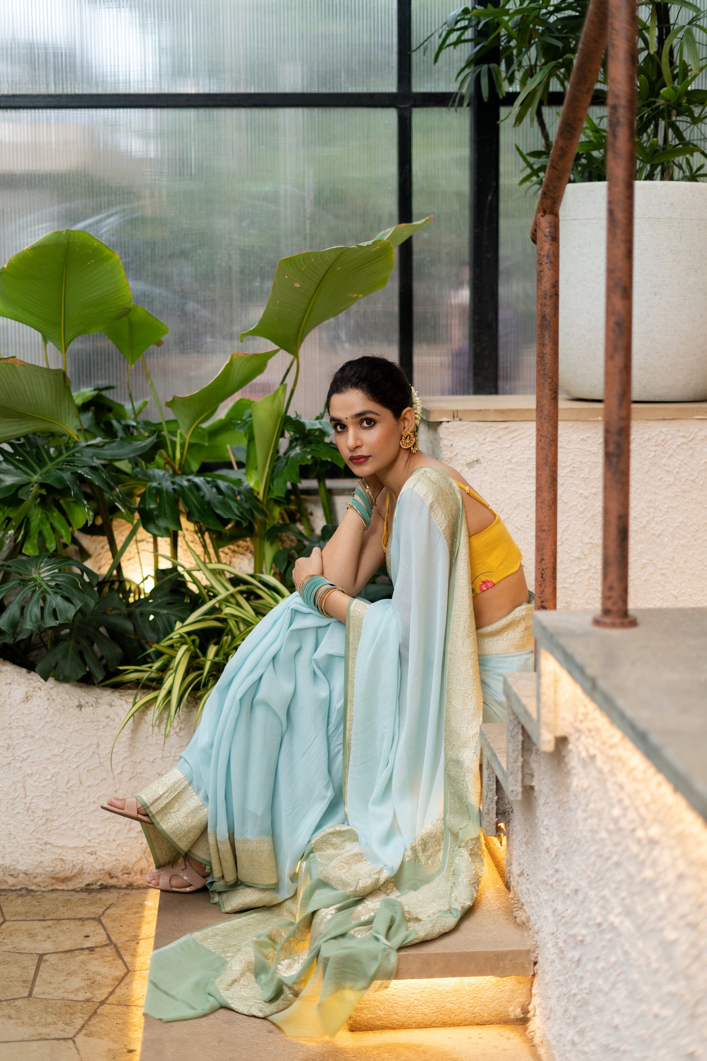 BANARASI KHADDI GEORGETTE SAREE IN AQUA & SAGE