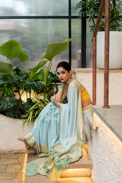 BANARASI KHADDI GEORGETTE SAREE IN AQUA & SAGE