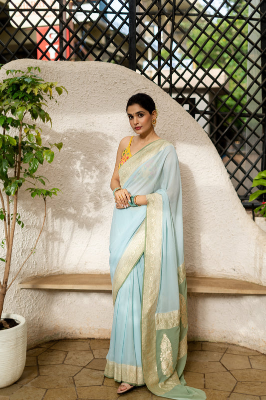 BANARASI KHADDI GEORGETTE SAREE IN AQUA & SAGE