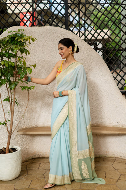BANARASI KHADDI GEORGETTE SAREE IN AQUA & SAGE