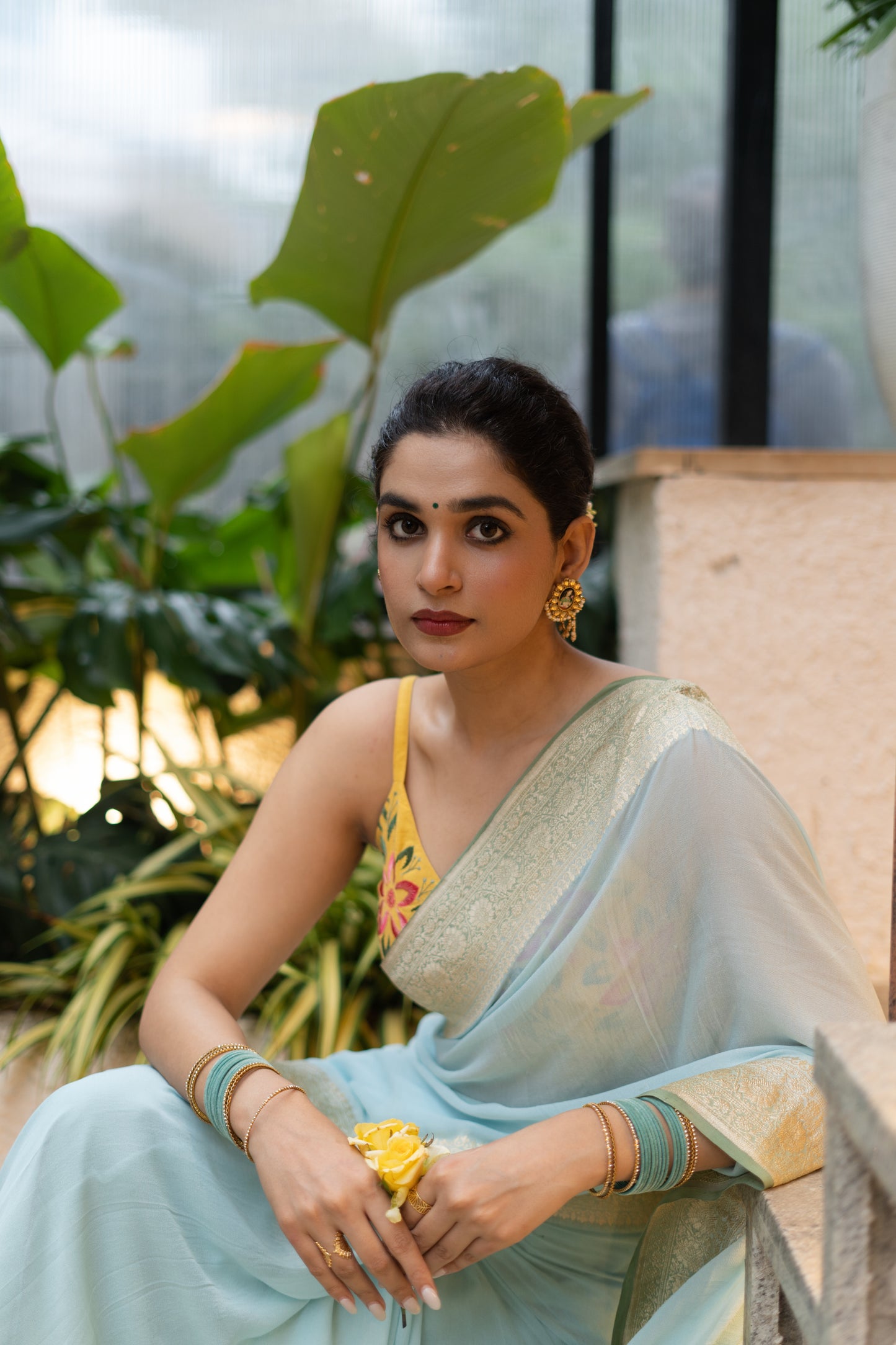 BANARASI KHADDI GEORGETTE SAREE IN AQUA & SAGE