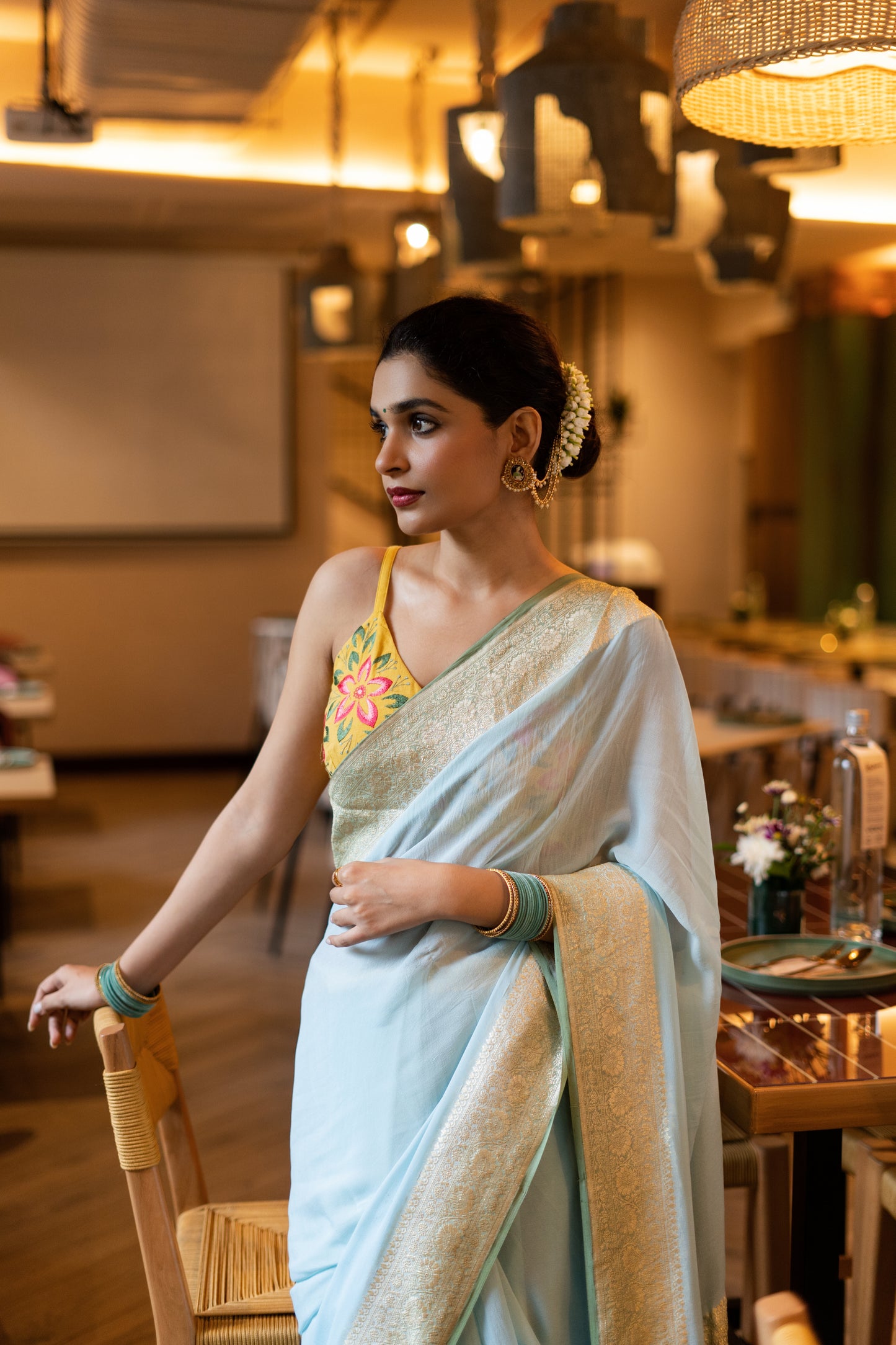 BANARASI KHADDI GEORGETTE SAREE IN AQUA & SAGE