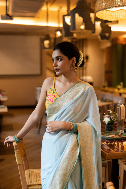 BANARASI KHADDI GEORGETTE SAREE IN AQUA & SAGE
