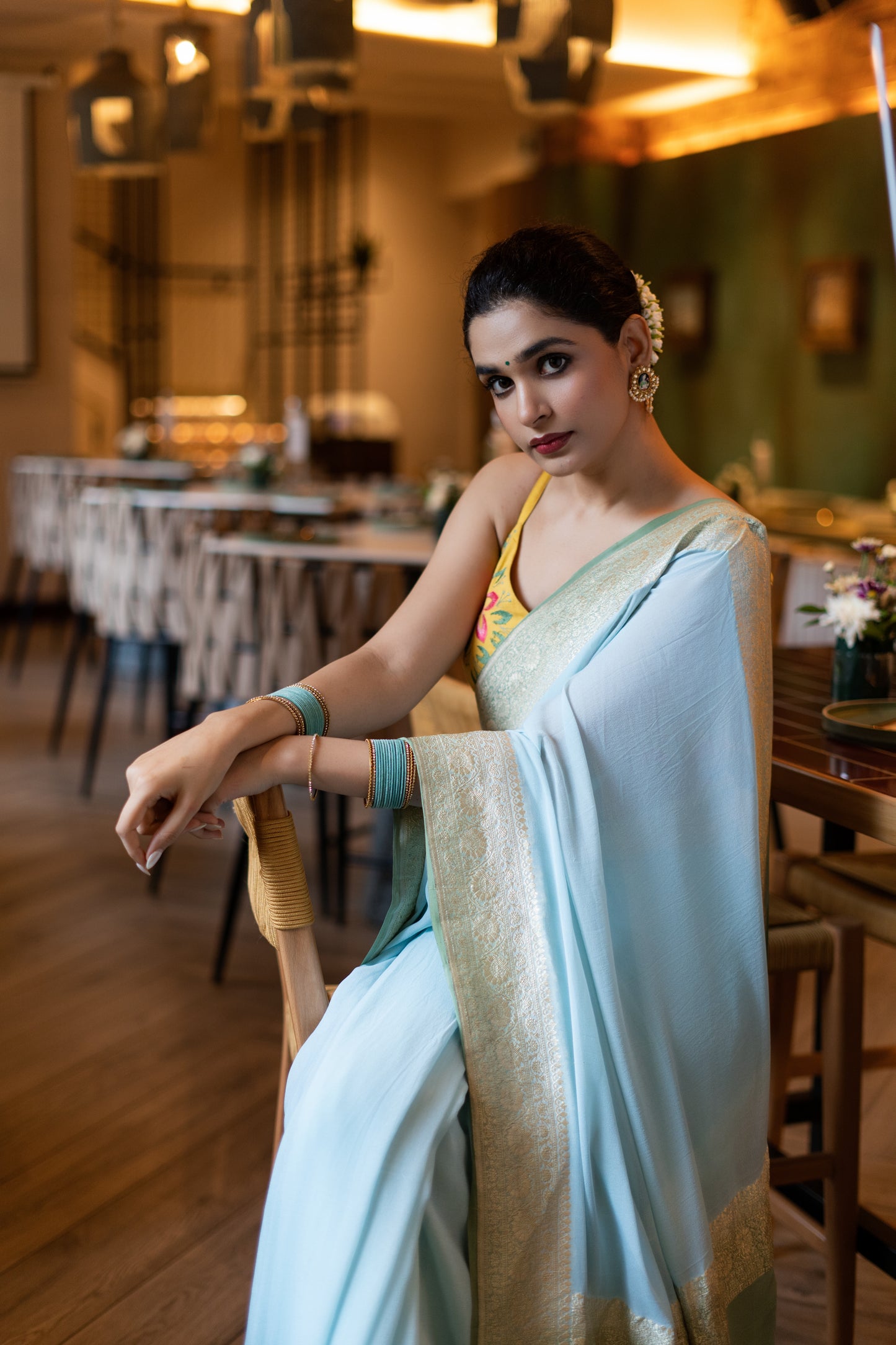 BANARASI KHADDI GEORGETTE SAREE IN AQUA & SAGE