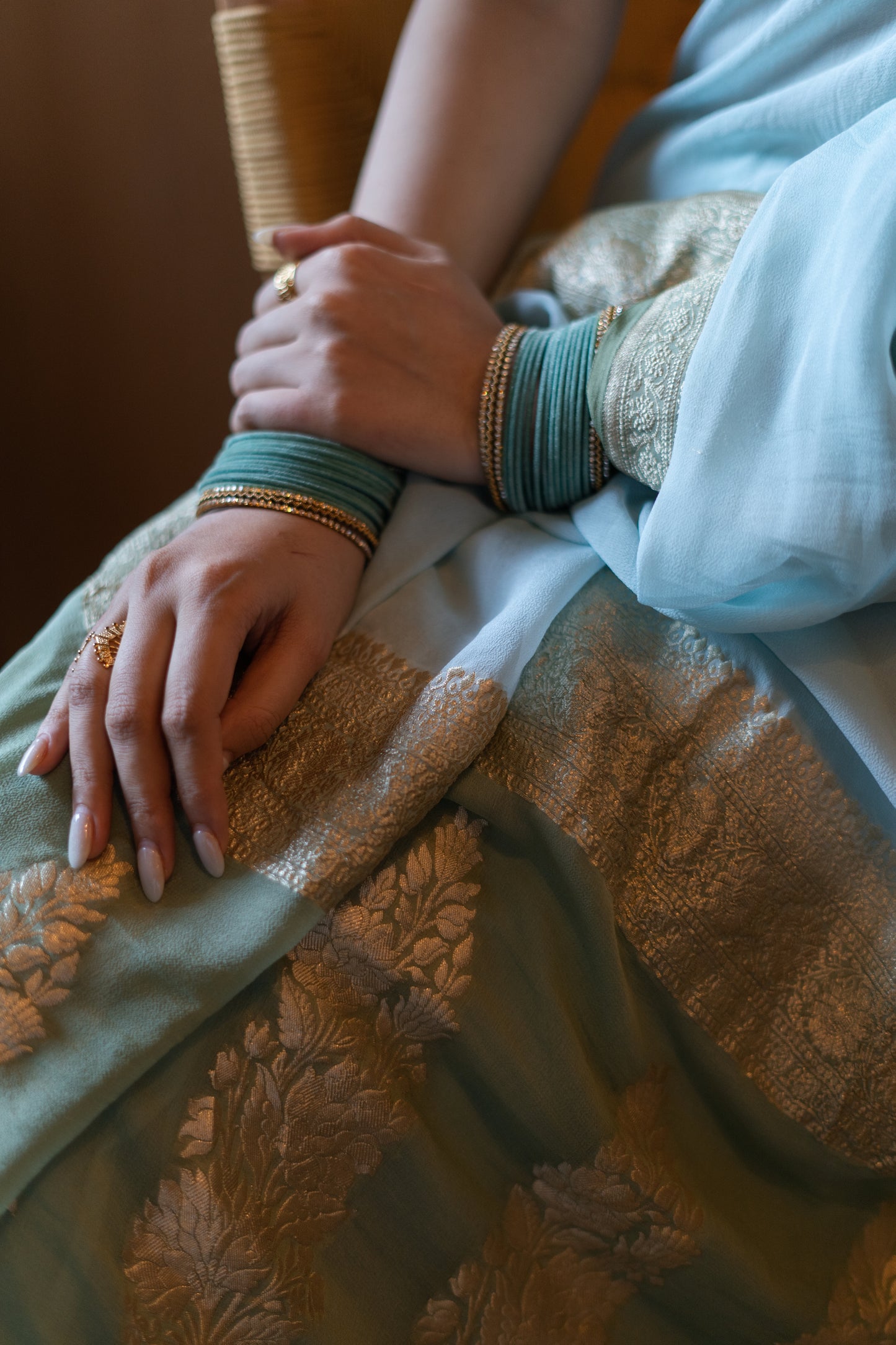 BANARASI KHADDI GEORGETTE SAREE IN AQUA & SAGE