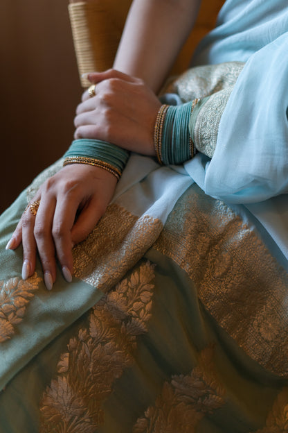 BANARASI KHADDI GEORGETTE SAREE IN AQUA & SAGE