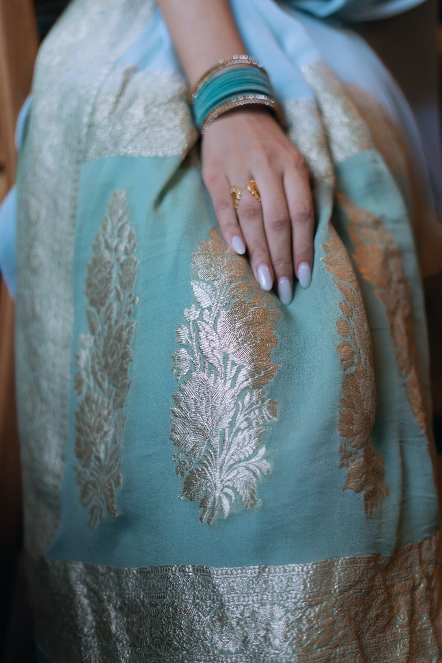BANARASI KHADDI GEORGETTE SAREE IN AQUA & SAGE