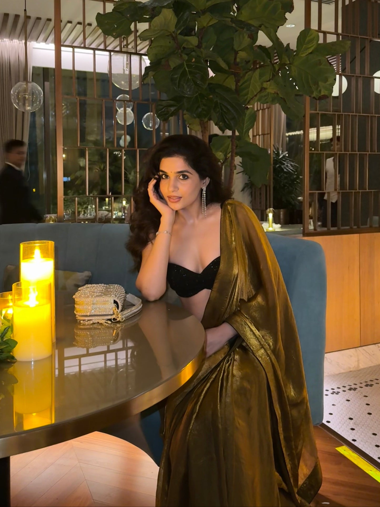 MOLTEN GOLD GLASS TISSUE SAREE WITH SEQUIN BLOUSE SET