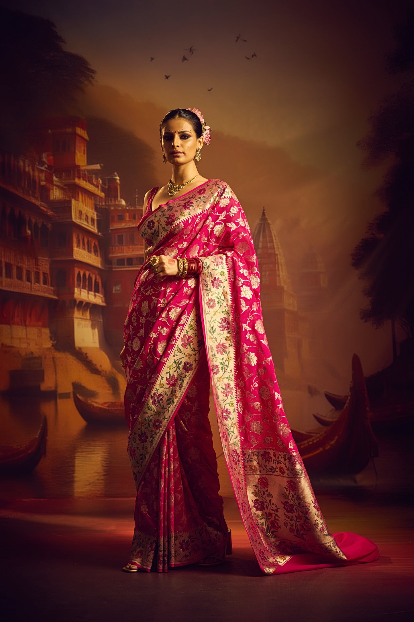 Pink Crepe Silk Saree