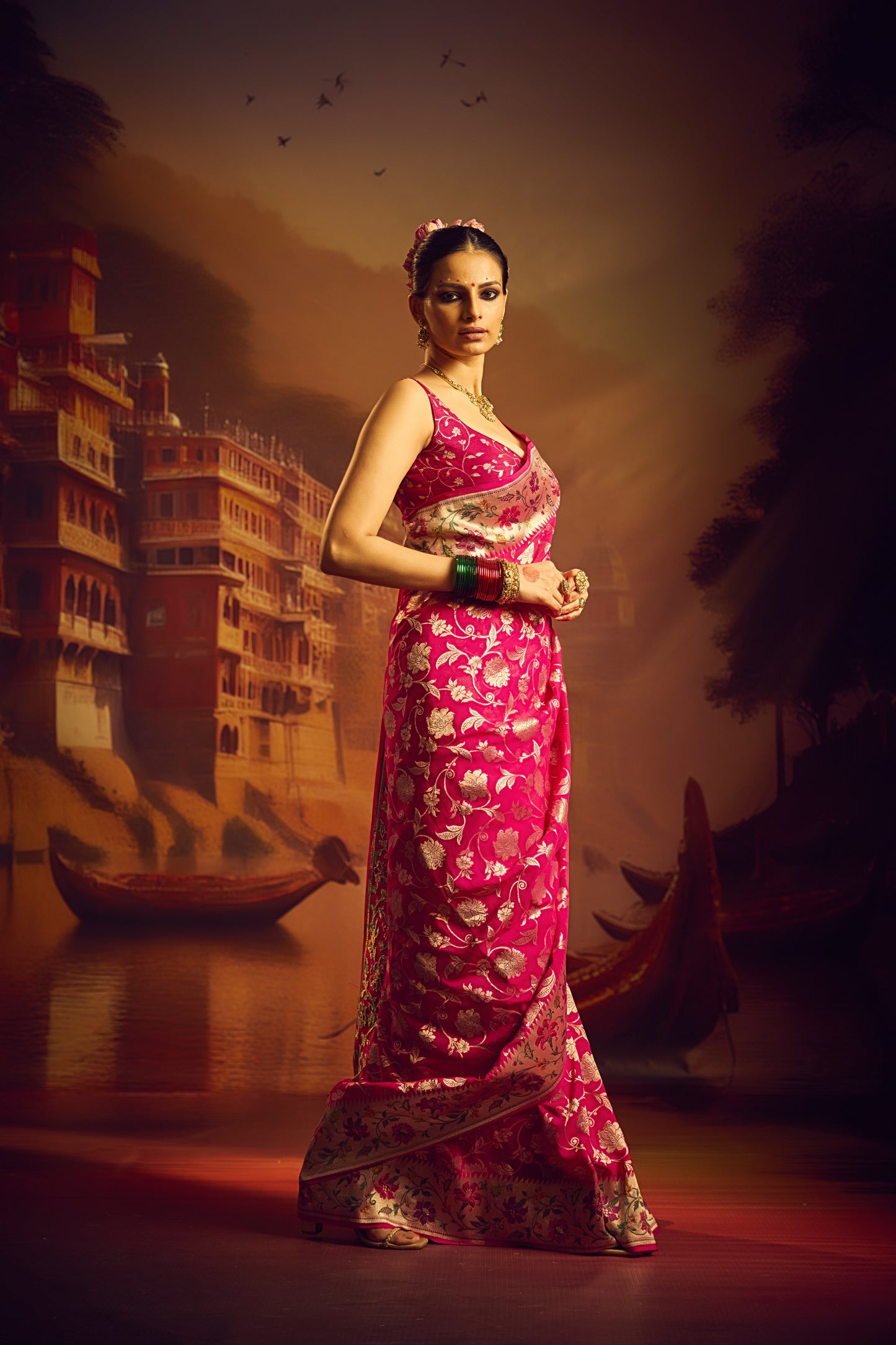 Pink Crepe Silk Saree