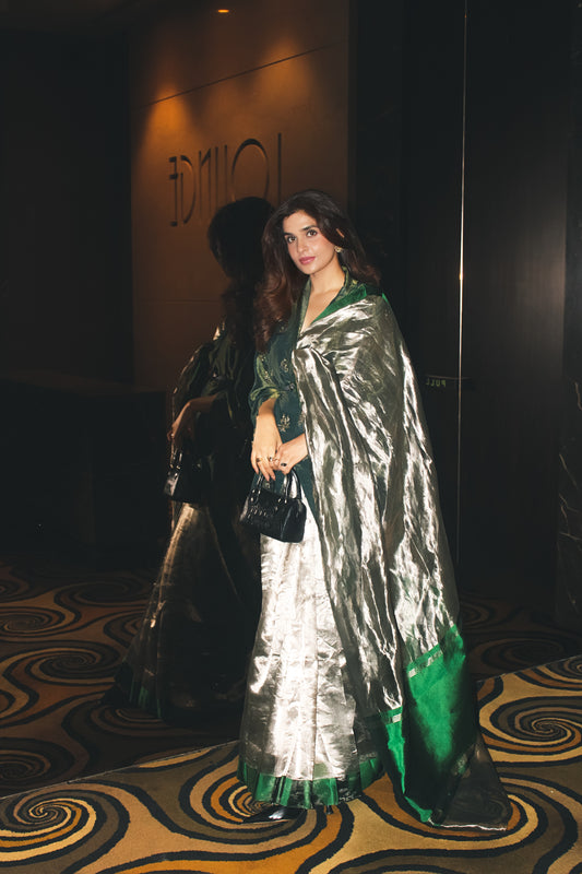 EMRALD GREEN GLASS TISSUE SILK SAREE