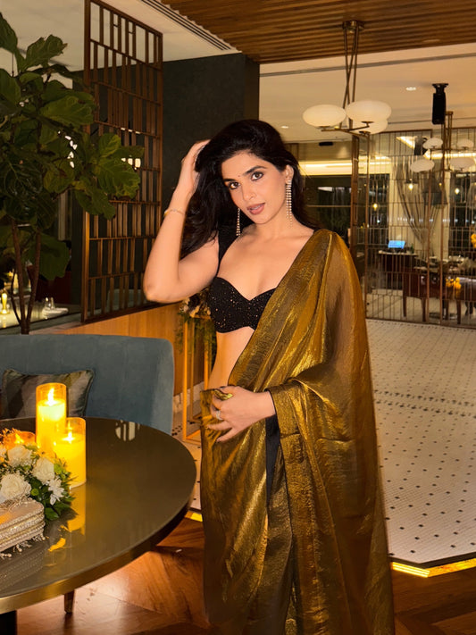 MOLTEN GOLD GLASS TISSUE SAREE WITH SEQUIN BLOUSE SET