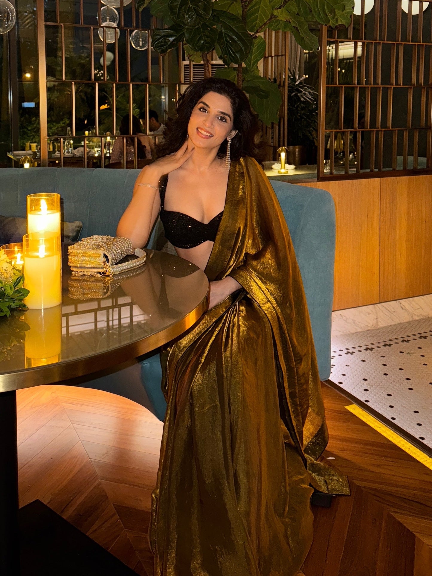 MOLTEN GOLD GLASS TISSUE SAREE WITH SEQUIN BLOUSE SET