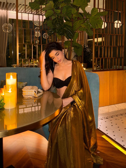 MOLTEN GOLD GLASS TISSUE SAREE WITH SEQUIN BLOUSE SET
