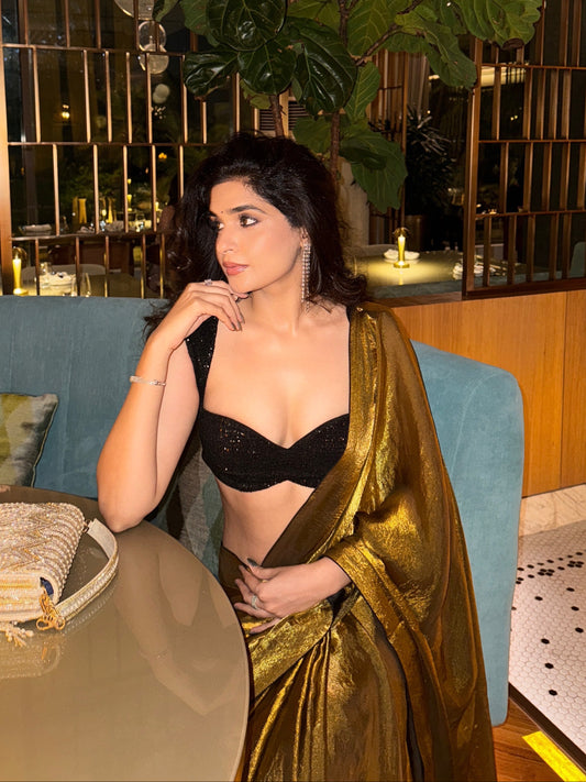 MOLTEN GOLD GLASS TISSUE SAREE WITH SEQUIN BLOUSE