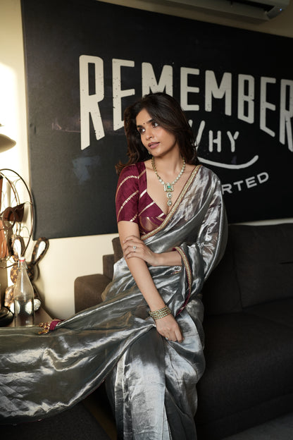 PEWTER SAGE TISSUE SAREE