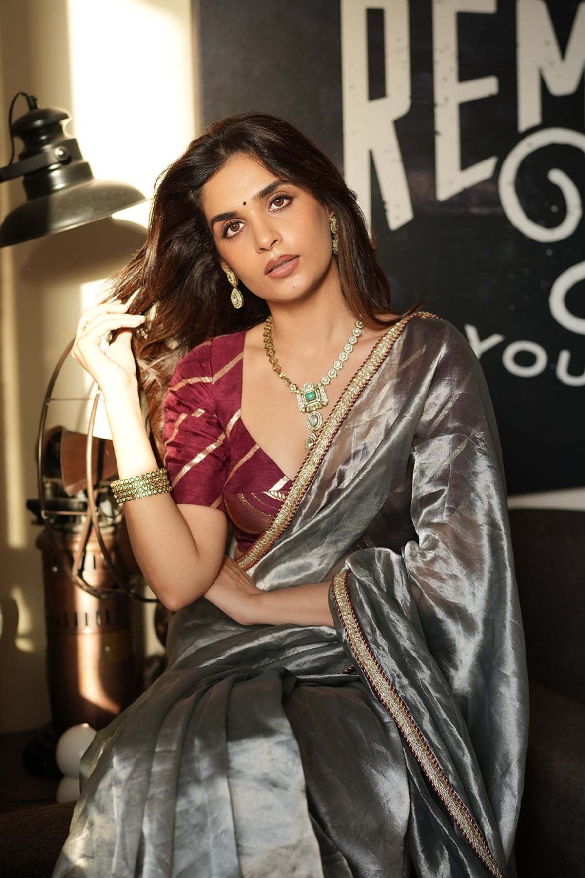 PEWTER SAGE TISSUE SAREE