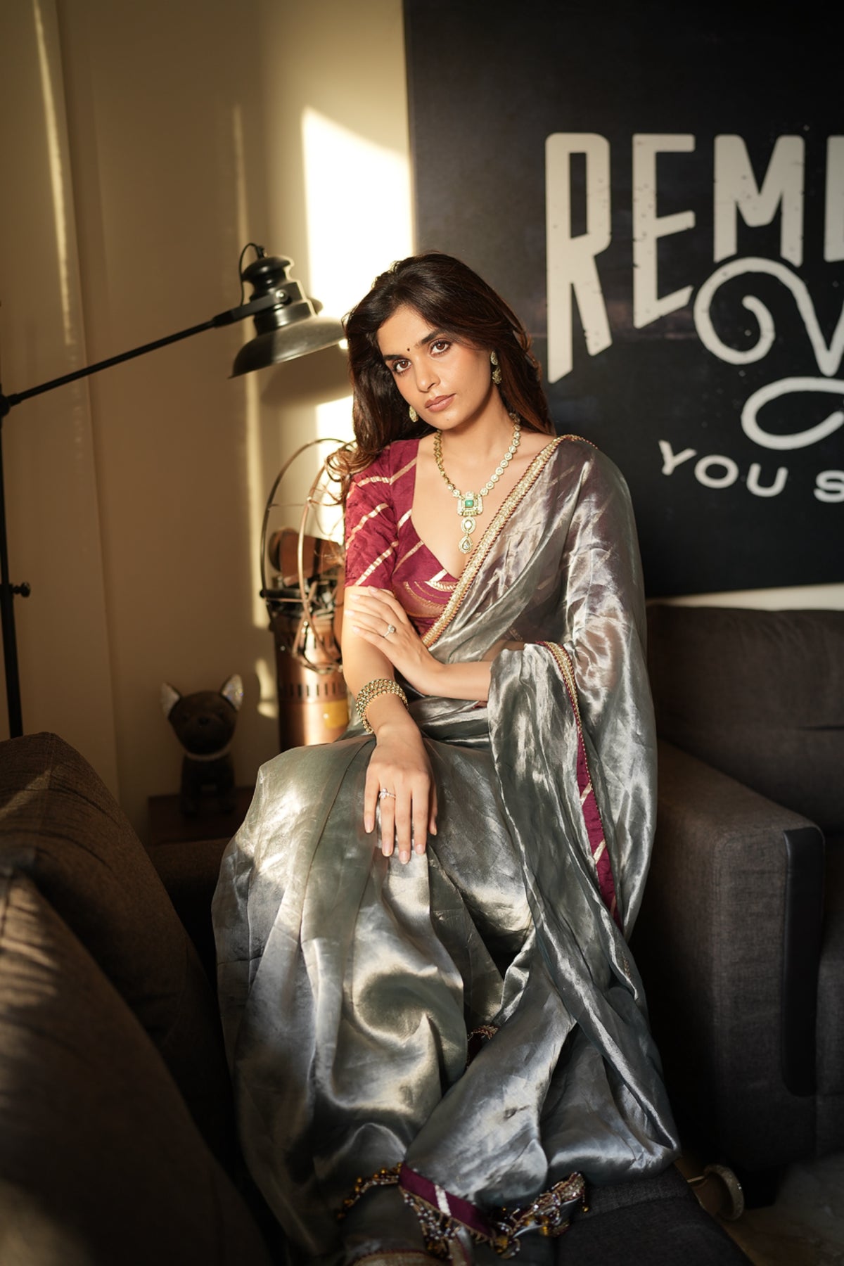 PEWTER SAGE TISSUE SAREE