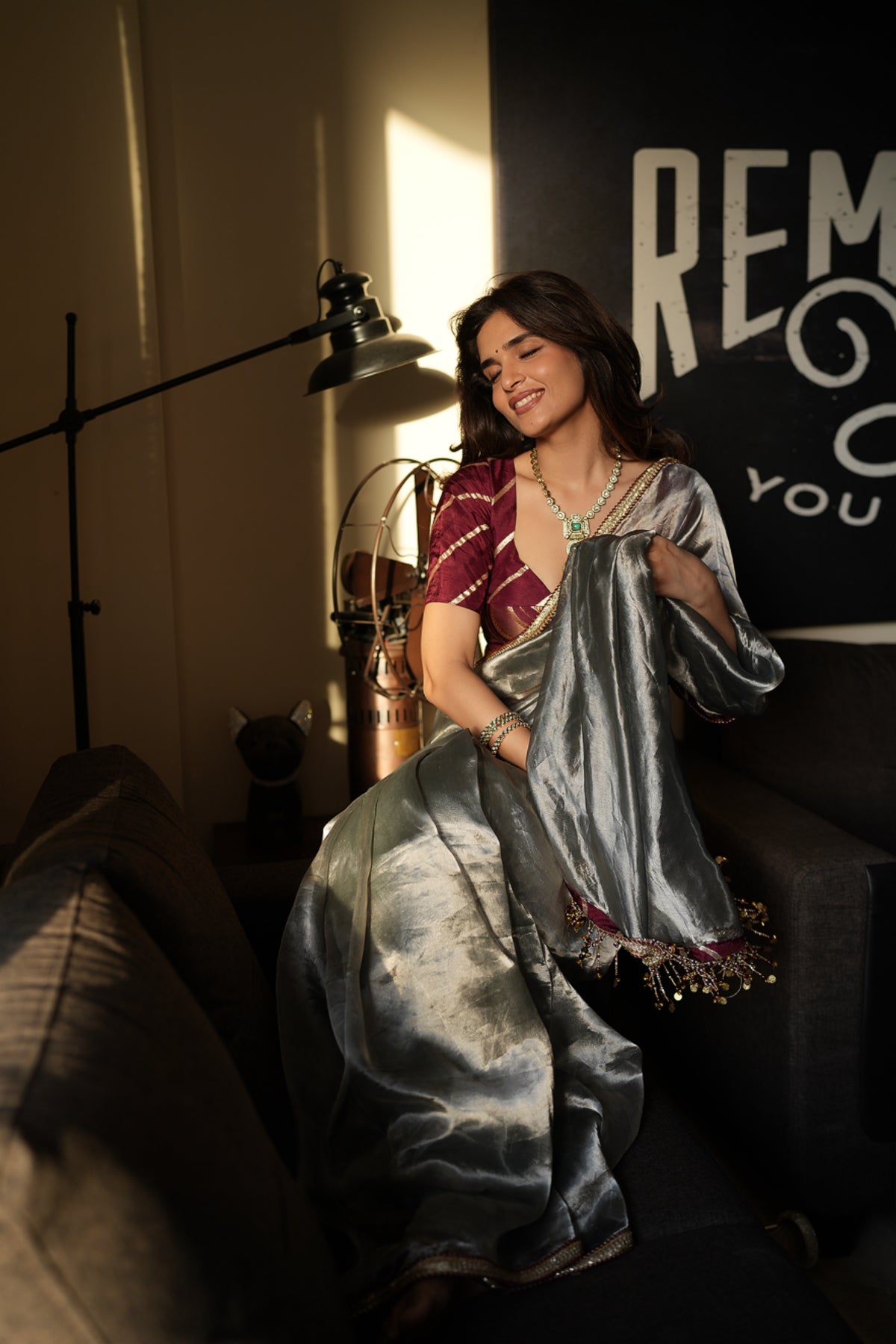 PEWTER SAGE TISSUE SAREE
