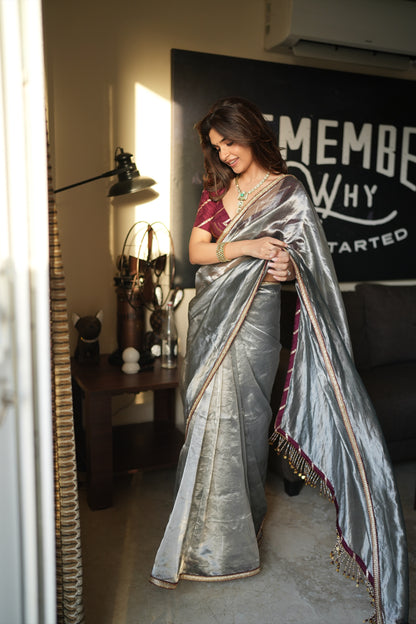 PEWTER SAGE TISSUE SAREE