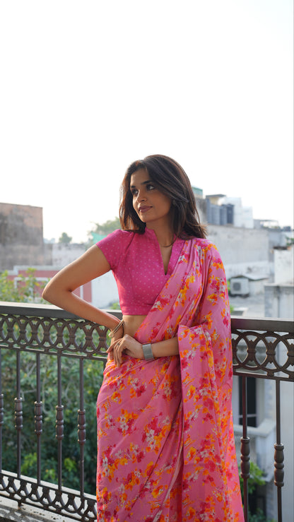 PINK FLORAL CREPE SAREE